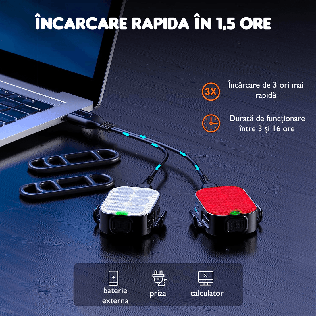 Set Lumini Bicicletă 6 LED-uri, Far Față/Spate, USB Reîncărcabil 500mAh, 4 Moduri, IPX65, Ultra Subțire, Alb/Rosu