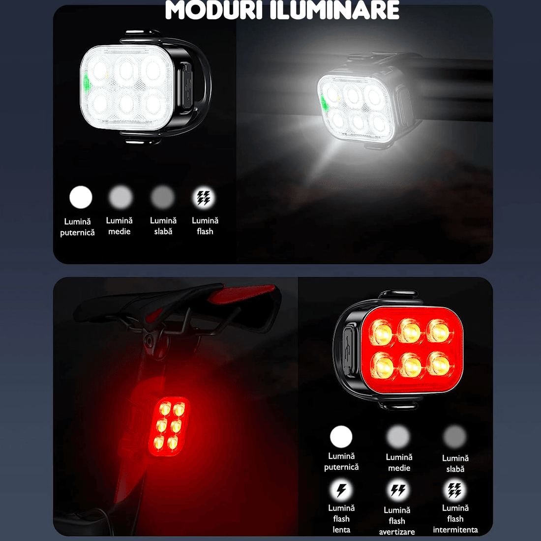 Set Lumini Bicicletă 6 LED-uri, Far Față/Spate, USB Reîncărcabil 500mAh, 4 Moduri, IPX65, Ultra Subțire, Alb/Rosu