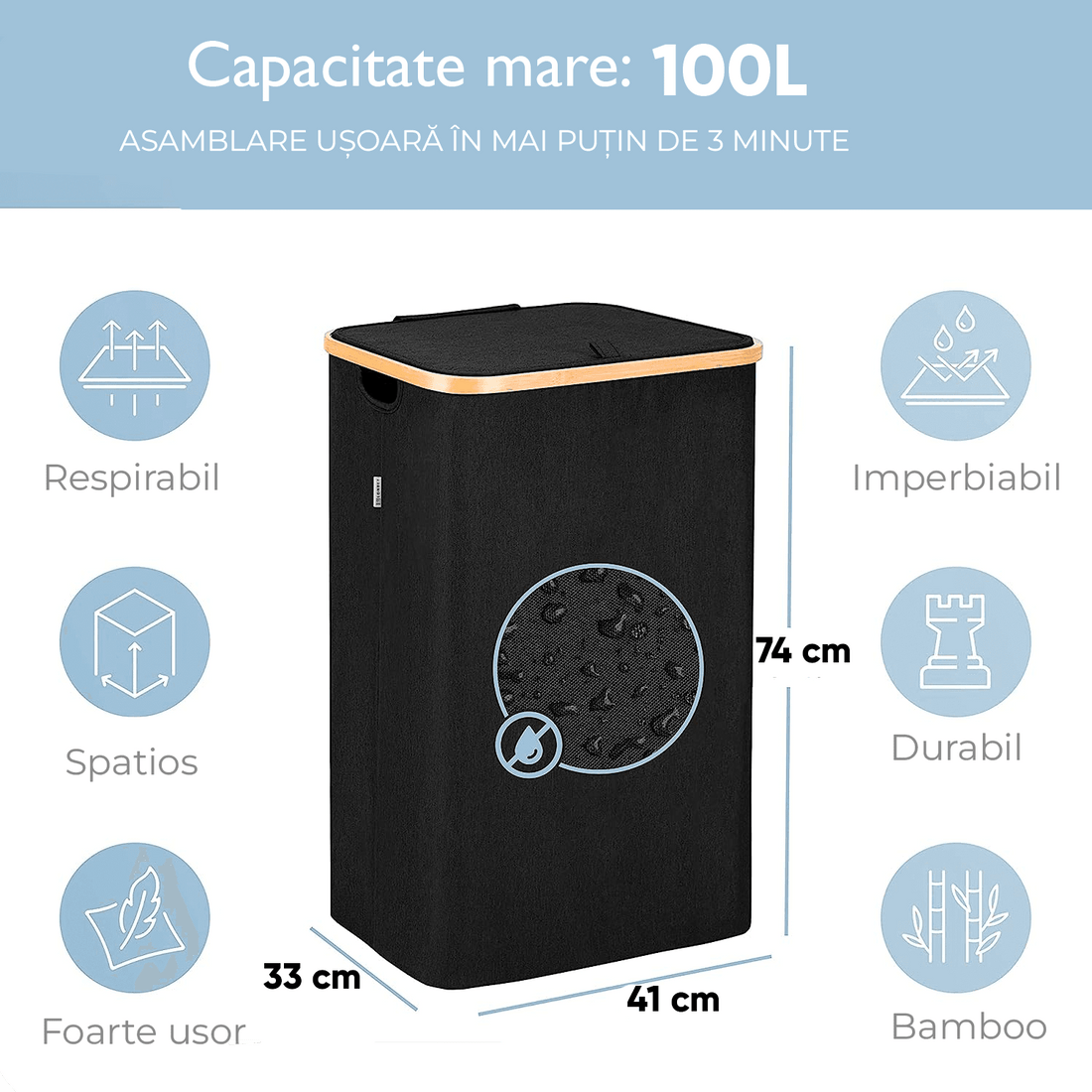 Coș de rufe bambus, pliabil, cu capac și sac de rufe detașabil, 100 L, 74 x 41 x 33 cm, material textil, Negru