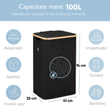 Coș de rufe bambus, pliabil, cu capac și sac de rufe detașabil, 100 L, 74 x 41 x 33 cm, material textil, Negru