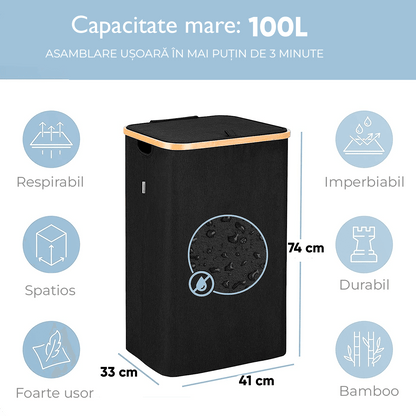 Coș de rufe bambus, pliabil, cu capac și sac de rufe detașabil, 100 L, 74 x 41 x 33 cm, material textil, Negru