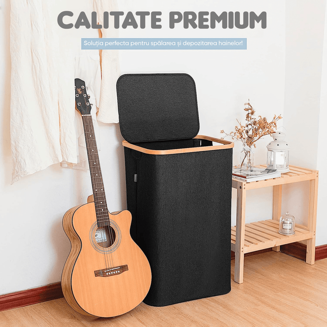 Coș de rufe bambus, pliabil, cu capac și sac de rufe detașabil, 100 L, 74 x 41 x 33 cm, material textil, Negru