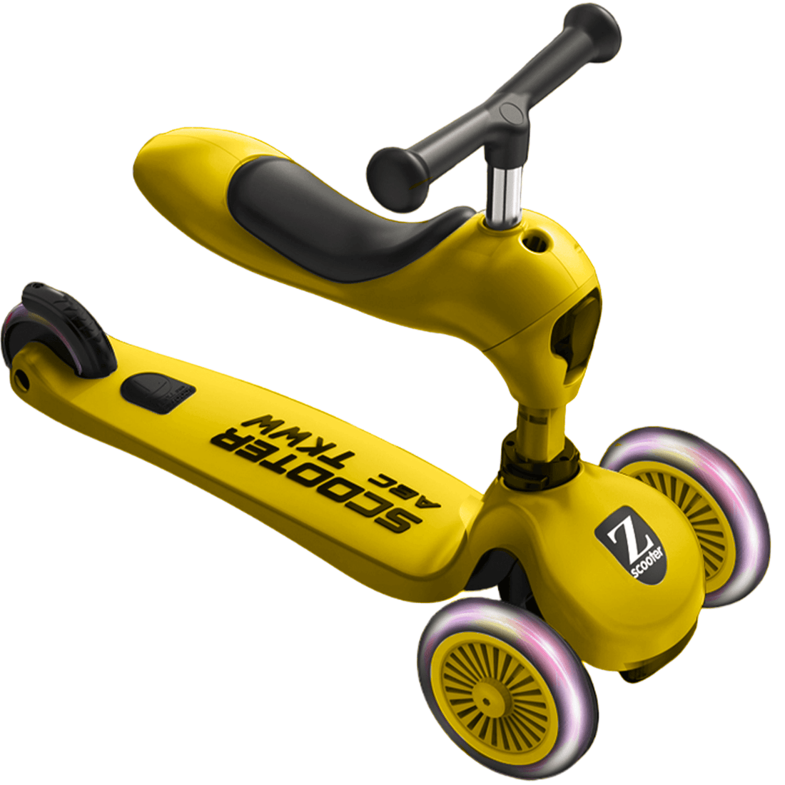 Trotinetă Copii 2 în 1 cu Șezut, Roți Luminoase/Sclipitoare, 1-5 Ani, 50 kg, Galben