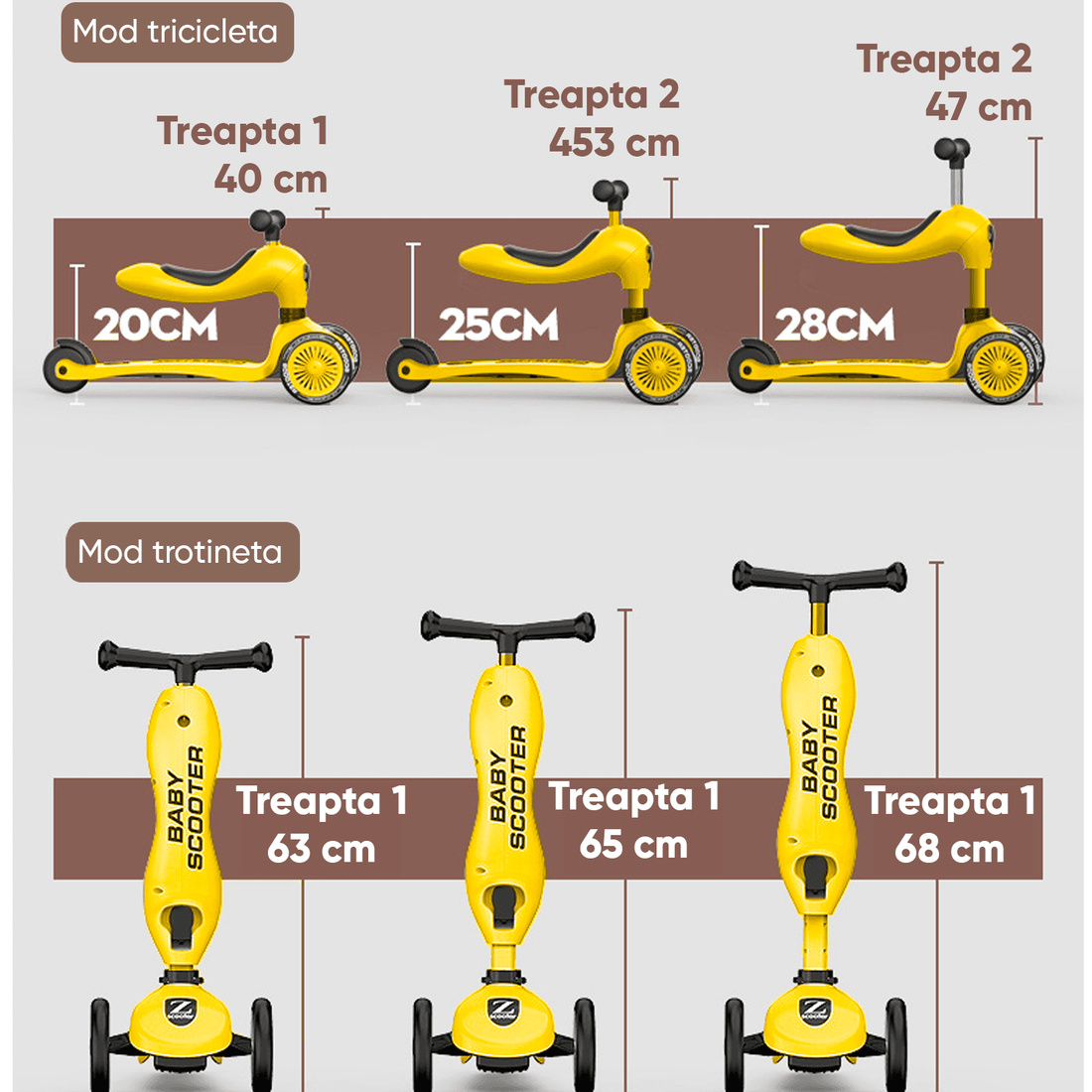 Trotinetă Copii 2 în 1 cu Șezut, Roți Luminoase/Sclipitoare, 1-5 Ani, 50 kg, Galben