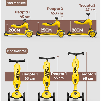 Trotinetă Copii 2 în 1 cu Șezut, Roți Luminoase/Sclipitoare, 1-5 Ani, 50 kg, Galben