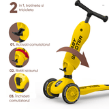 Trotinetă Copii 2 în 1 cu Șezut, Roți Luminoase/Sclipitoare, 1-5 Ani, 50 kg, Galben