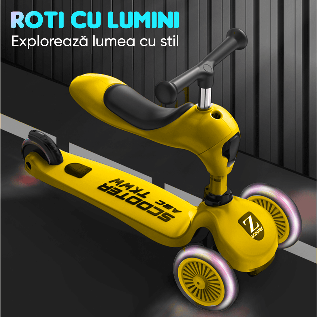 Trotinetă Copii 2 în 1 cu Șezut, Roți Luminoase/Sclipitoare, 1-5 Ani, 50 kg, Galben