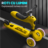 Trotinetă Copii 2 în 1 cu Șezut, Roți Luminoase/Sclipitoare, 1-5 Ani, 50 kg, Galben