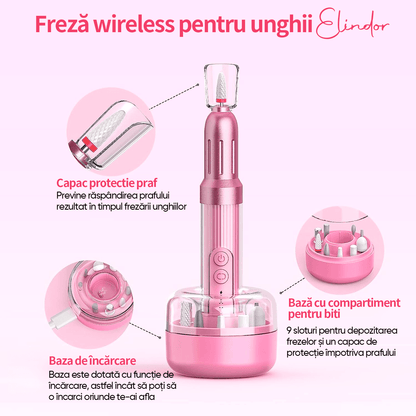 Freză unghii profesională wireless, 18.000 RPM, 12 capete, 36 benzi, design ergonomic, Roz V2