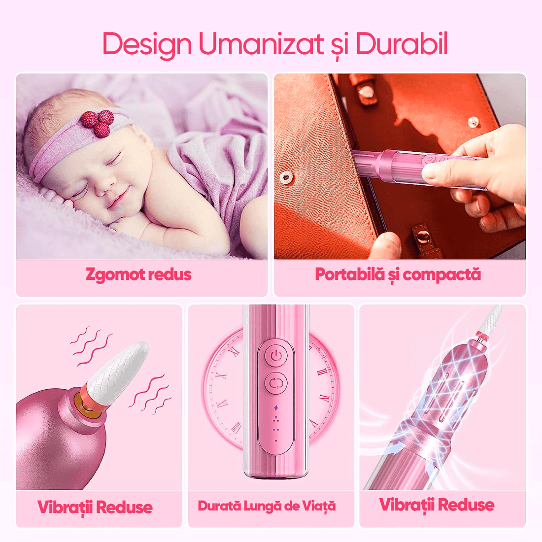 Freză unghii profesională wireless, 18.000 RPM, 12 capete, 36 benzi, design ergonomic, Roz V2