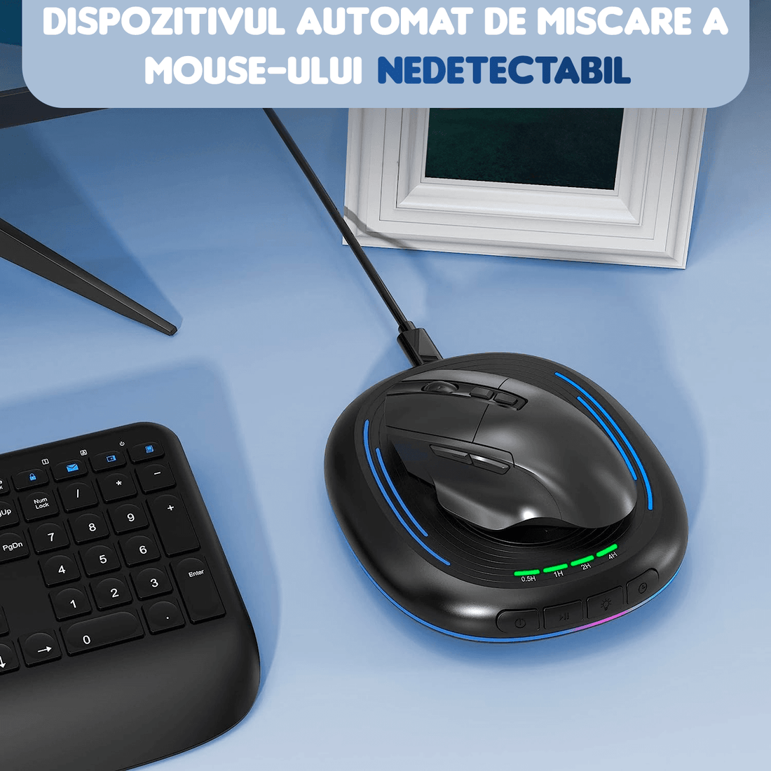 Mouse Jiggler Nedetectabil, Anti Sleep, Compatibil Windows/macOS, Timer, Auto Click, Fără Driver, Lumina Ambientă, Negru