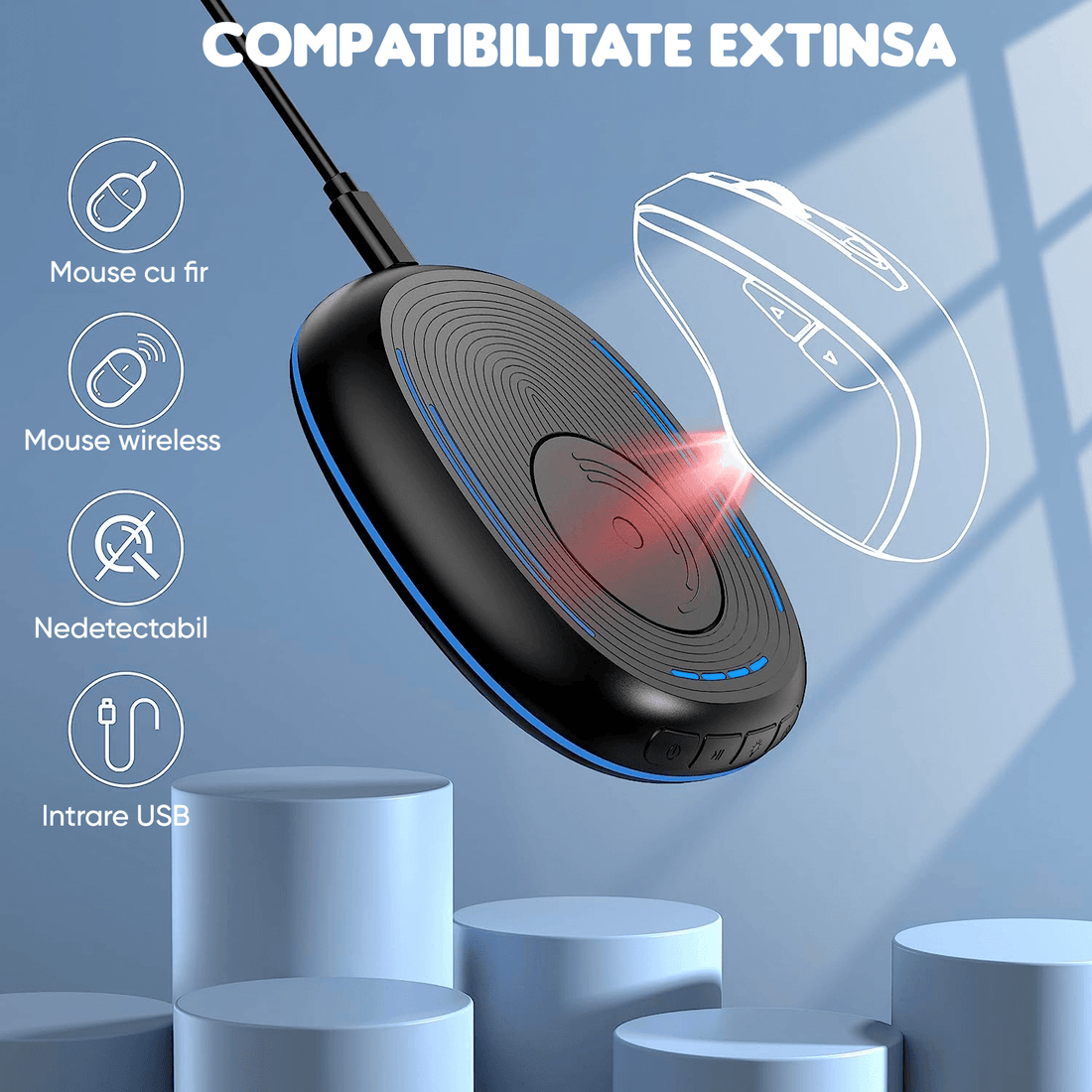 Mouse Jiggler Nedetectabil, Anti Sleep, Compatibil Windows/macOS, Timer, Auto Click, Fără Driver, Lumina Ambientă, Negru