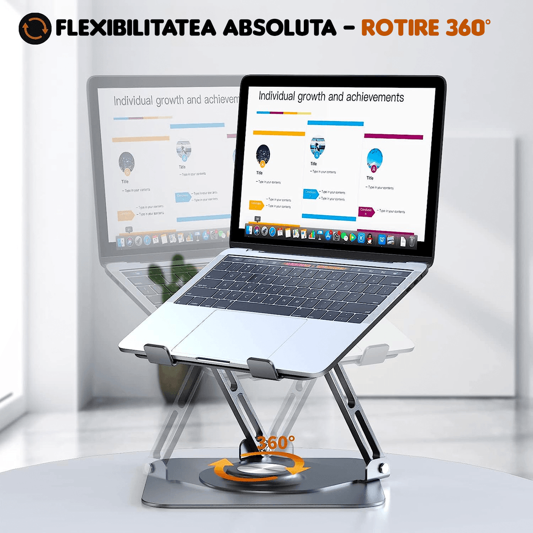 Suport Laptop Ergonomic Reglabil, Pliabil, Bază Rotativă 360°, Aluminiu și Silicon, Space Gray