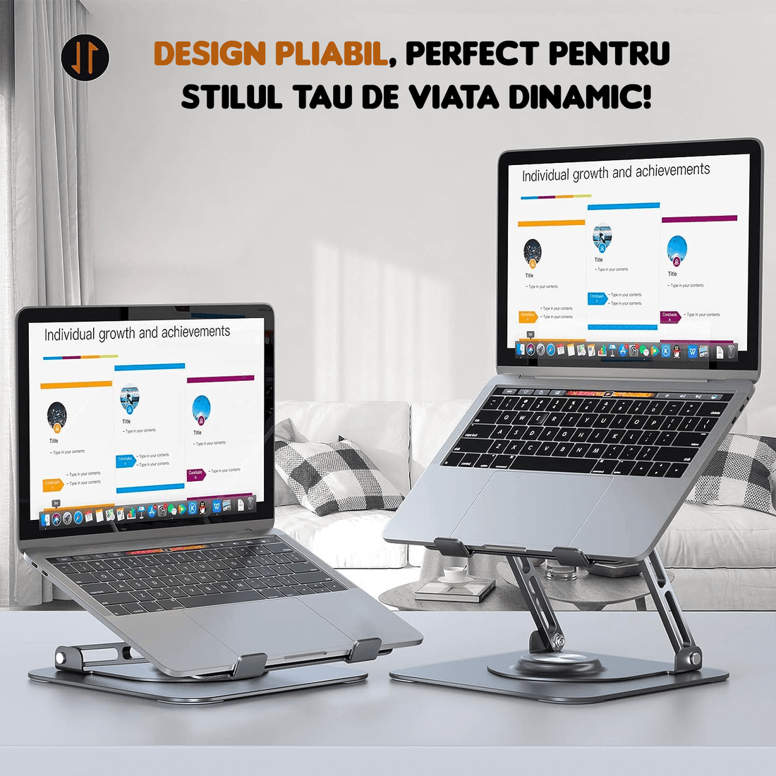 Suport Laptop Ergonomic Reglabil, Pliabil, Bază Rotativă 360°, Aluminiu și Silicon, Space Gray