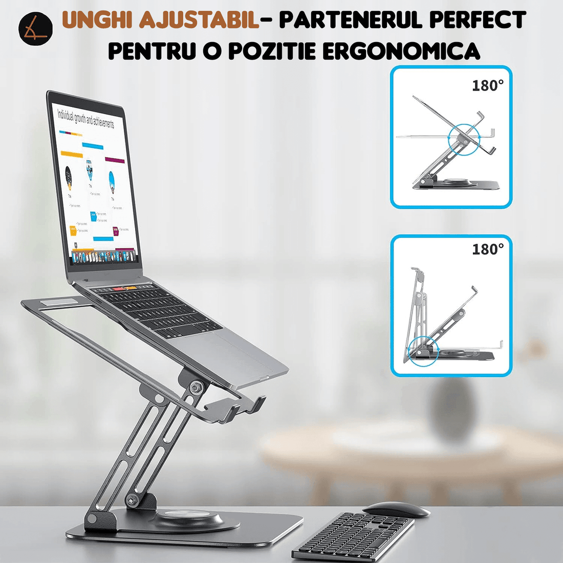 Suport Laptop Ergonomic Reglabil, Pliabil, Bază Rotativă 360°, Aluminiu și Silicon, Space Gray