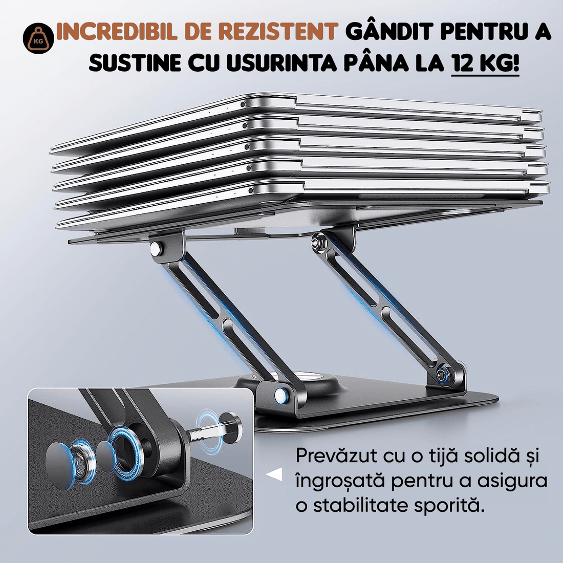 Suport Laptop Ergonomic Reglabil, Pliabil, Bază Rotativă 360°, Aluminiu și Silicon, Space Gray