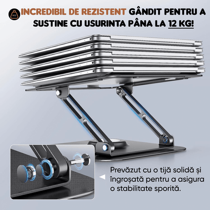 Suport Laptop Ergonomic Reglabil, Pliabil, Bază Rotativă 360°, Aluminiu și Silicon, Space Gray