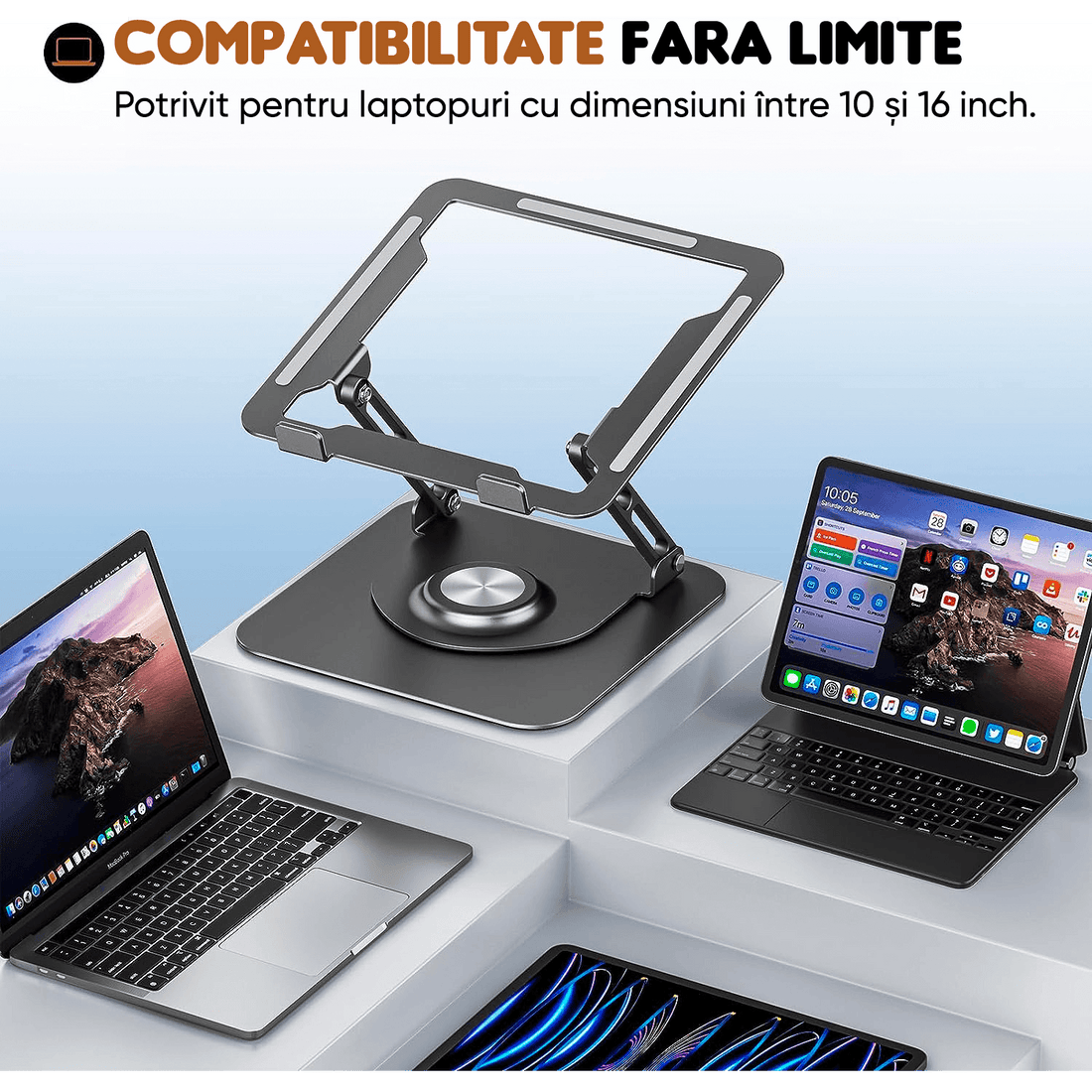 Suport Laptop Ergonomic Reglabil, Pliabil, Bază Rotativă 360°, Aluminiu și Silicon, Space Gray