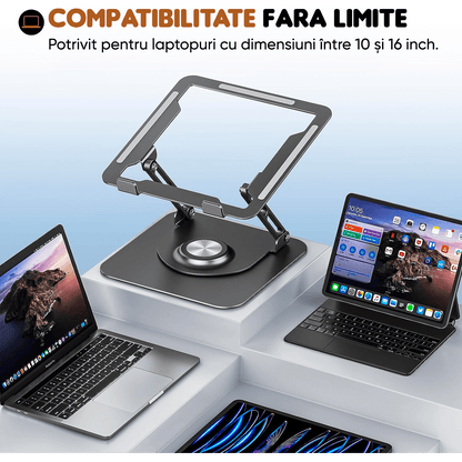 Suport Laptop Ergonomic Reglabil, Pliabil, Bază Rotativă 360°, Aluminiu și Silicon, Space Gray