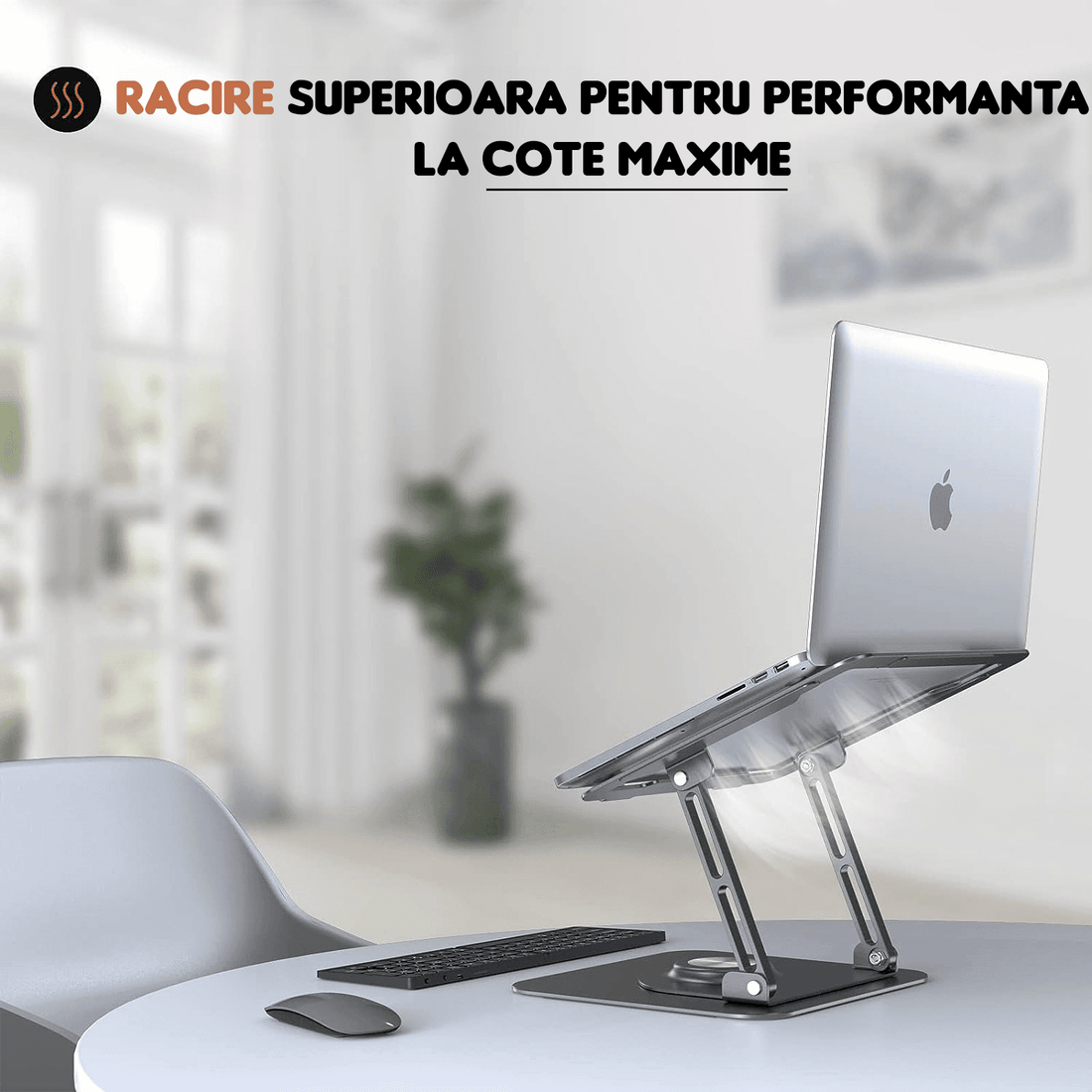 Suport Laptop Ergonomic Reglabil, Pliabil, Bază Rotativă 360°, Aluminiu și Silicon, Space Gray
