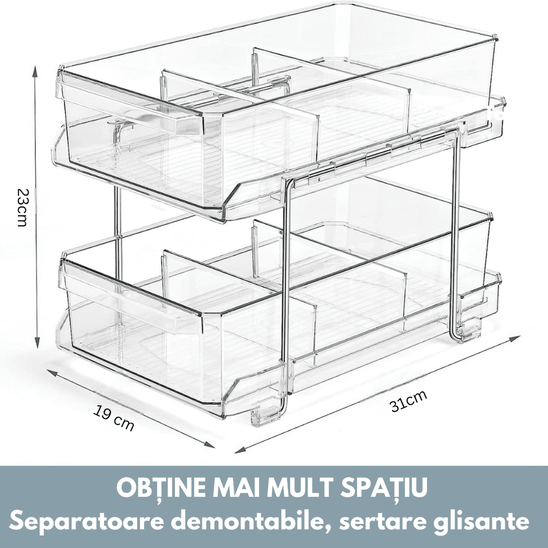 Organizator Universal Elindor®, Recipient Sertar Glisant Multifunctional 2 Nivele si Separatoare, Ideal Pentru Baie, Bucatarie, Camara, Dulap Sub Chiuveta, Sertare, Depozitare, Legume, Ustensile, Produse Curatenie, Detergent, Plastic, 31 × 23 × 19