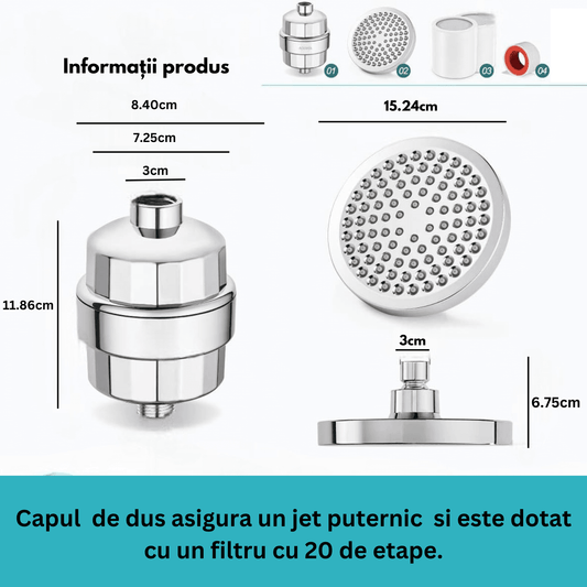 Cap de Duș Tip Ploaie cu Filtru 20 Etape, 90 Duze Silicon, Dedurizator Apă, Presiune Înaltă, Filtru Rezervă, Argintiu