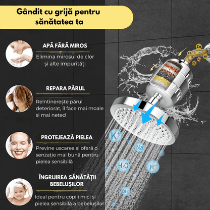 Cap de Duș Tip Ploaie cu Filtru 20 Etape, 90 Duze Silicon, Dedurizator Apă, Presiune Înaltă, Filtru Rezervă, Argintiu