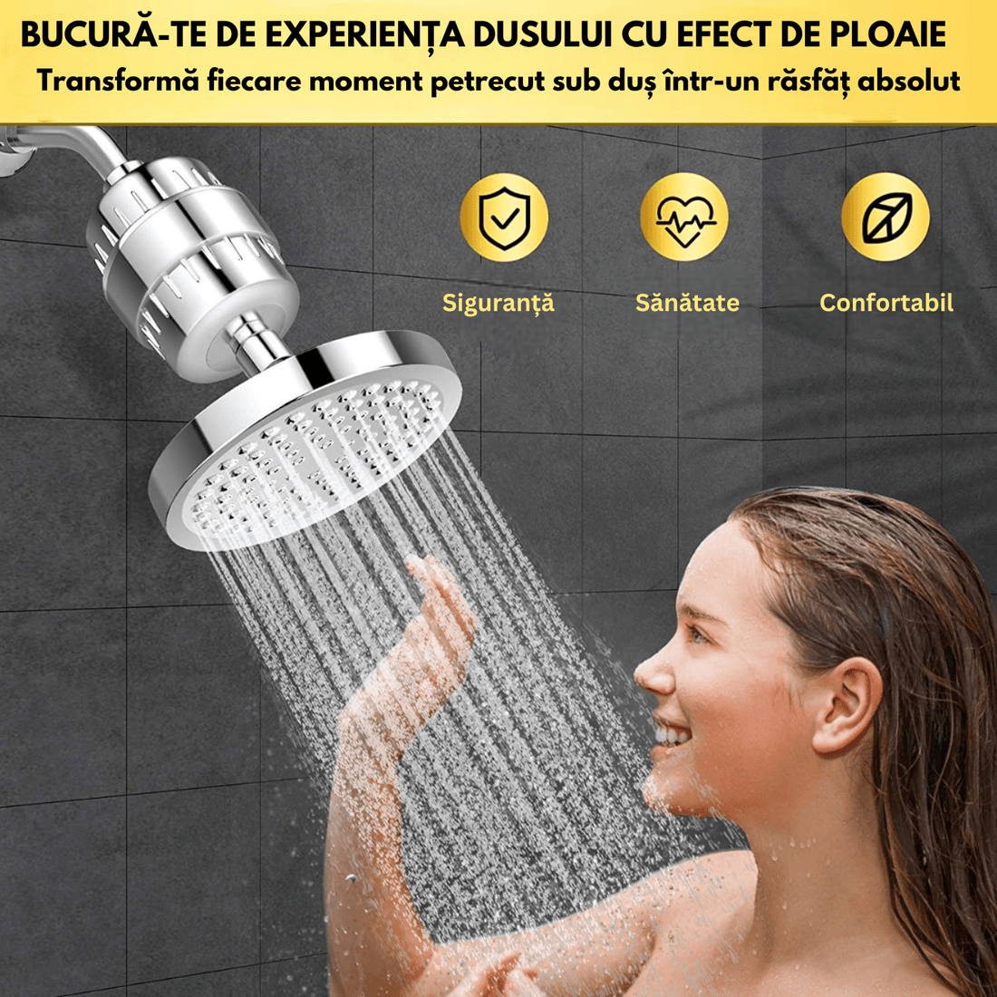 Cap de Duș Tip Ploaie cu Filtru 20 Etape, 90 Duze Silicon, Dedurizator Apă, Presiune Înaltă, Filtru Rezervă, Argintiu
