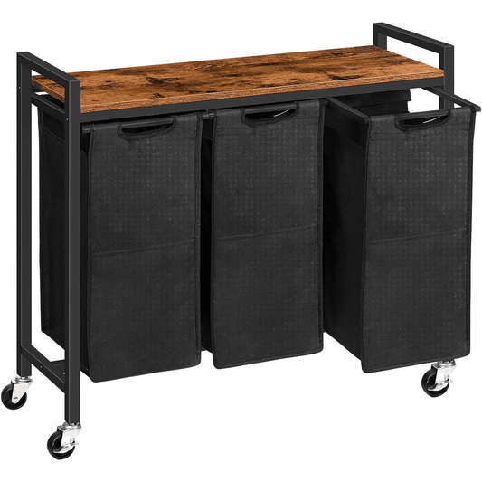 Coș de Rufe cu 3 Compartimente, 120L, Design Rustic cu Roți și Saci Detașabili, Material Oxford, 84.1 x 33 x 73.7 cm, Maro și Negru