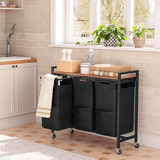 Coș de Rufe cu 3 Compartimente, 120L, Design Rustic cu Roți și Saci Detașabili, Material Oxford, 84.1 x 33 x 73.7 cm, Maro și Negru