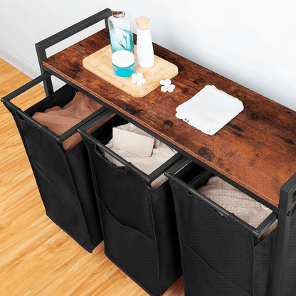 Coș de Rufe cu 3 Compartimente, 120L, Design Rustic cu Roți și Saci Detașabili, Material Oxford, 84.1 x 33 x 73.7 cm, Maro și Negru