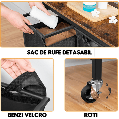 Coș de Rufe cu 3 Compartimente, 120L, Design Rustic cu Roți și Saci Detașabili, Material Oxford, 84.1 x 33 x 73.7 cm, Maro și Negru