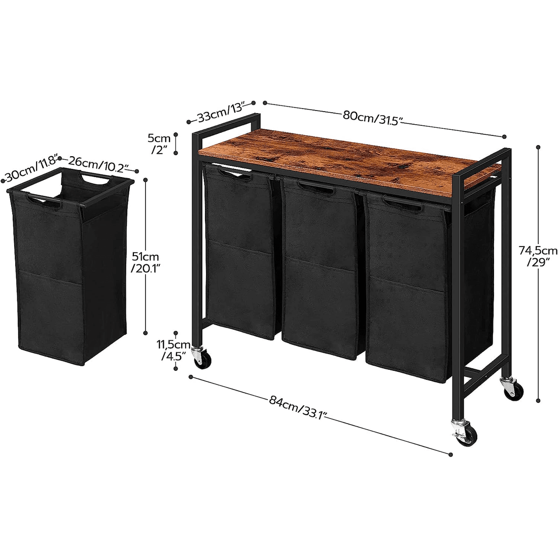 Coș de Rufe cu 3 Compartimente, 120L, Design Rustic cu Roți și Saci Detașabili, Material Oxford, 84.1 x 33 x 73.7 cm, Maro și Negru