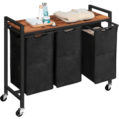 Coș de Rufe cu 3 Compartimente, 120L, Design Rustic cu Roți și Saci Detașabili, Material Oxford, 84.1 x 33 x 73.7 cm, Maro și Negru