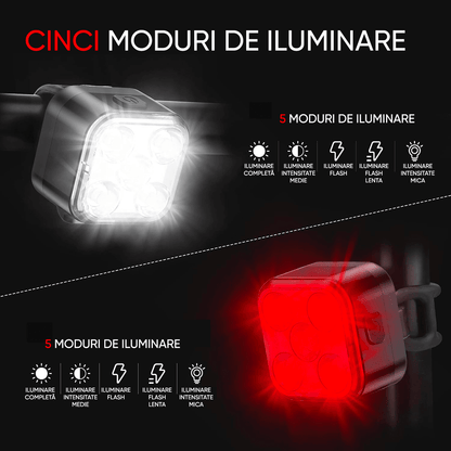 Set Lumini Bicicletă 5 LED-uri, Far Față/Spate, USB Reîncărcabil 650mAh, 5 Moduri, IPX4, Alb/Rosu