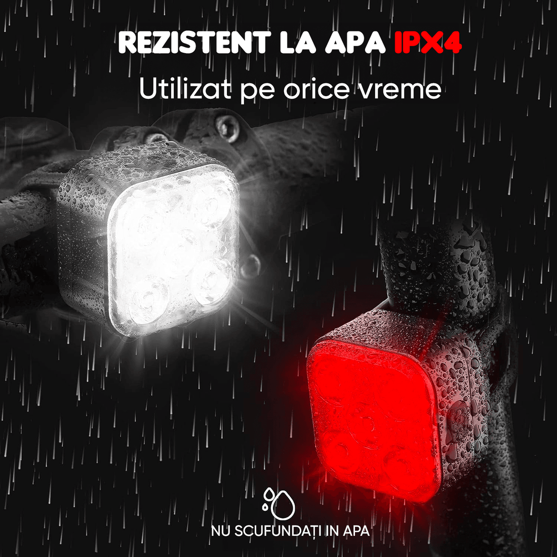 Set Lumini Bicicletă 5 LED-uri, Far Față/Spate, USB Reîncărcabil 650mAh, 5 Moduri, IPX4, Alb/Rosu