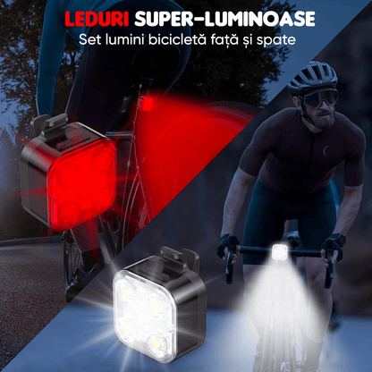 Set Lumini Bicicletă 5 LED-uri, Far Față/Spate, USB Reîncărcabil 650mAh, 5 Moduri, IPX4, Alb/Rosu