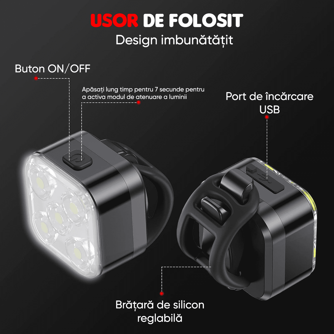 Set Lumini Bicicletă 5 LED-uri, Far Față/Spate, USB Reîncărcabil 650mAh, 5 Moduri, IPX4, Alb/Rosu