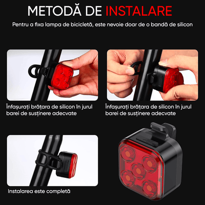 Set Lumini Bicicletă 5 LED-uri, Far Față/Spate, USB Reîncărcabil 650mAh, 5 Moduri, IPX4, Alb/Rosu