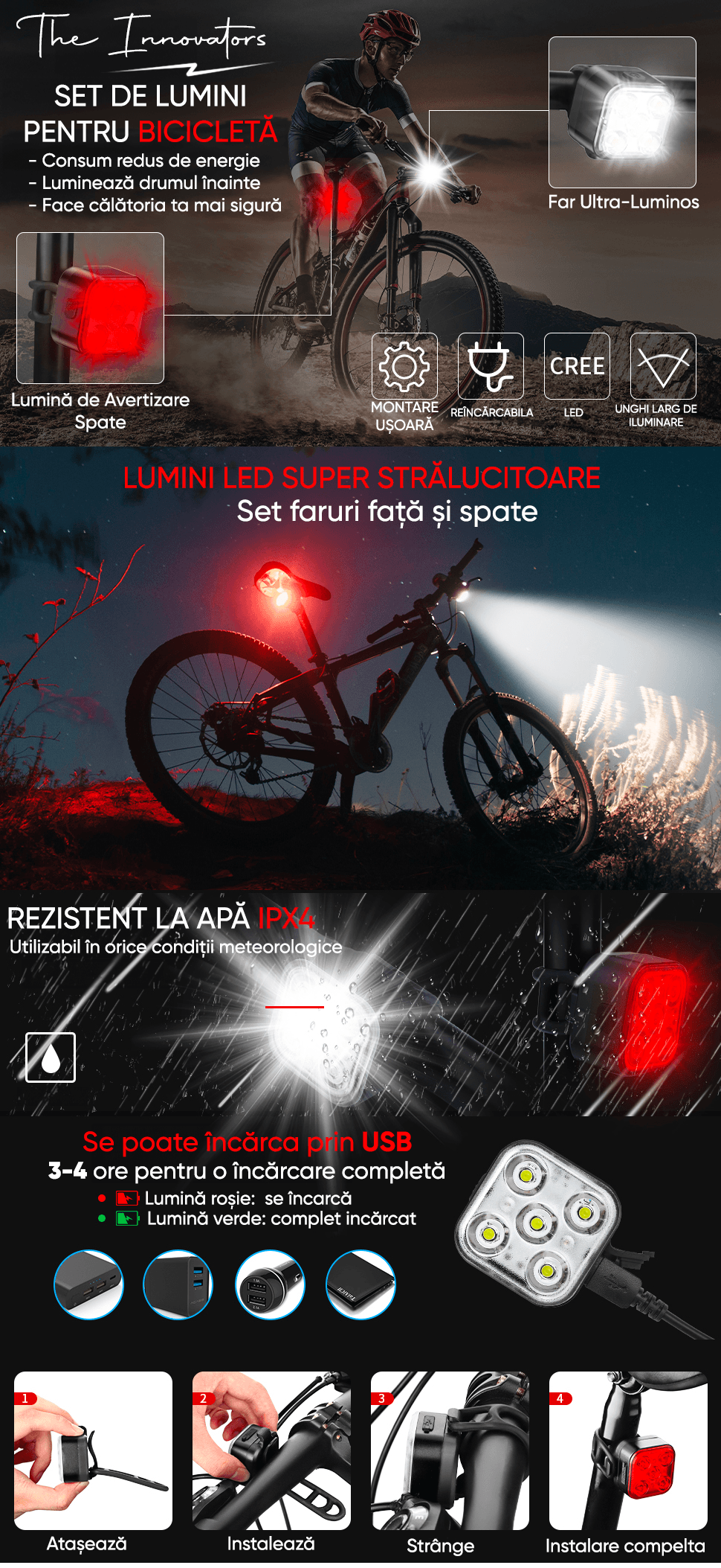 Set Lumini Bicicletă 5 LED-uri, Far Față/Spate, USB Reîncărcabil 650mAh, 5 Moduri, IPX4, Alb/Rosu
