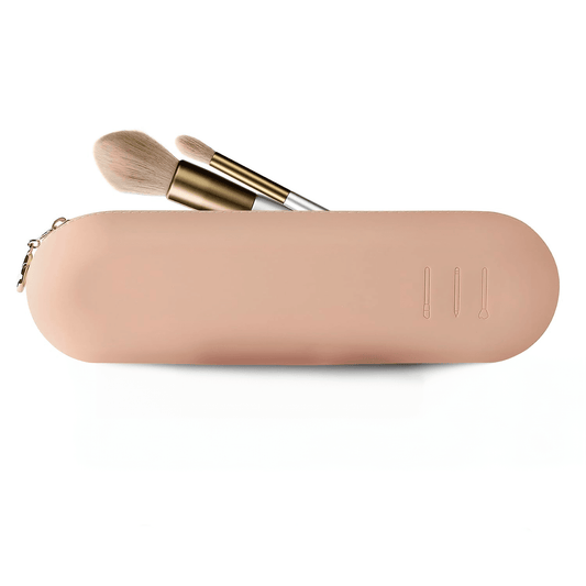 Organizator Pensule Machiaj pentru Călătorii, din Silicon Anti-Cădere, Închidere cu Fermoar, Portabil și Elegant, Portfard pentru Cosmetice, 22.2 x 8 x 4 cm, Nude