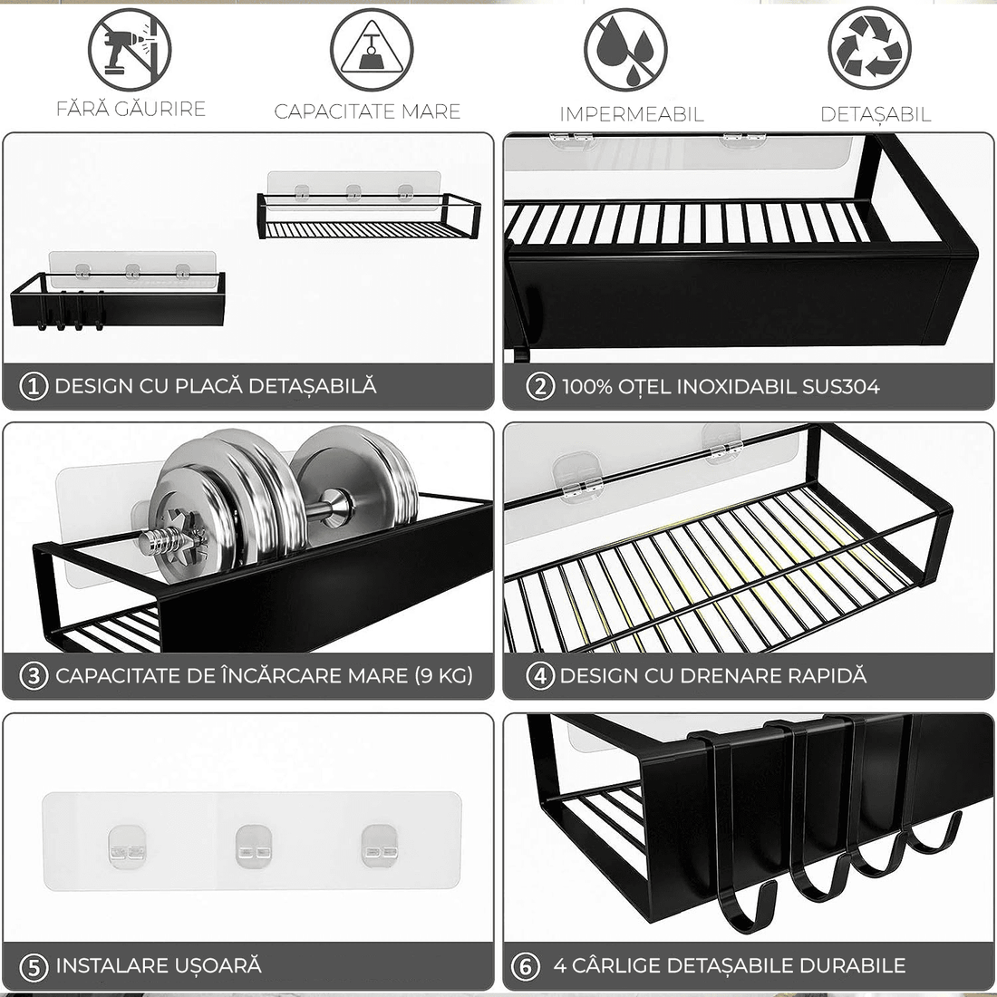 Etajeră Baie și Duș, Set 2 Rafturi Oțel Inoxidabil, 31 x 11 x 5.5 cm, Negru