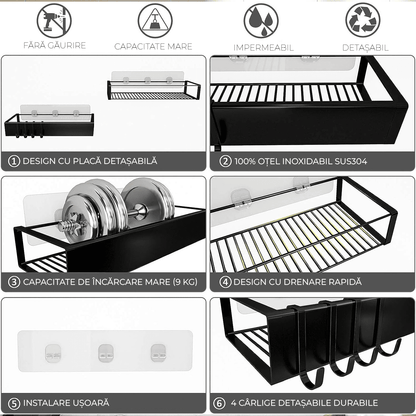 Etajeră Baie și Duș, Set 2 Rafturi Oțel Inoxidabil, 31 x 11 x 5.5 cm, Negru