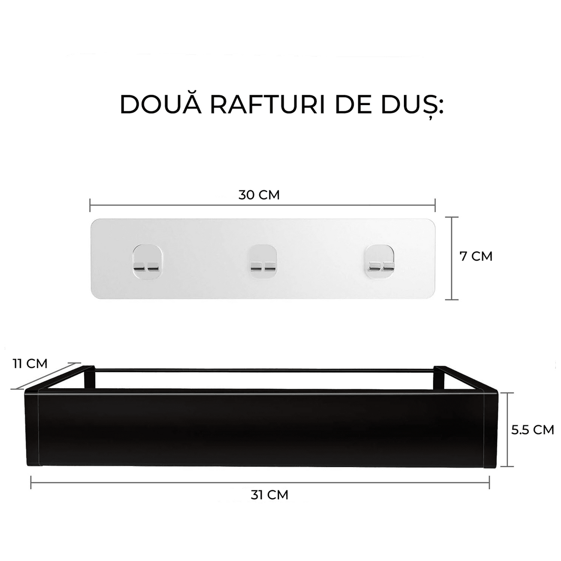 Etajeră Baie și Duș, Set 2 Rafturi Oțel Inoxidabil, 31 x 11 x 5.5 cm, Negru
