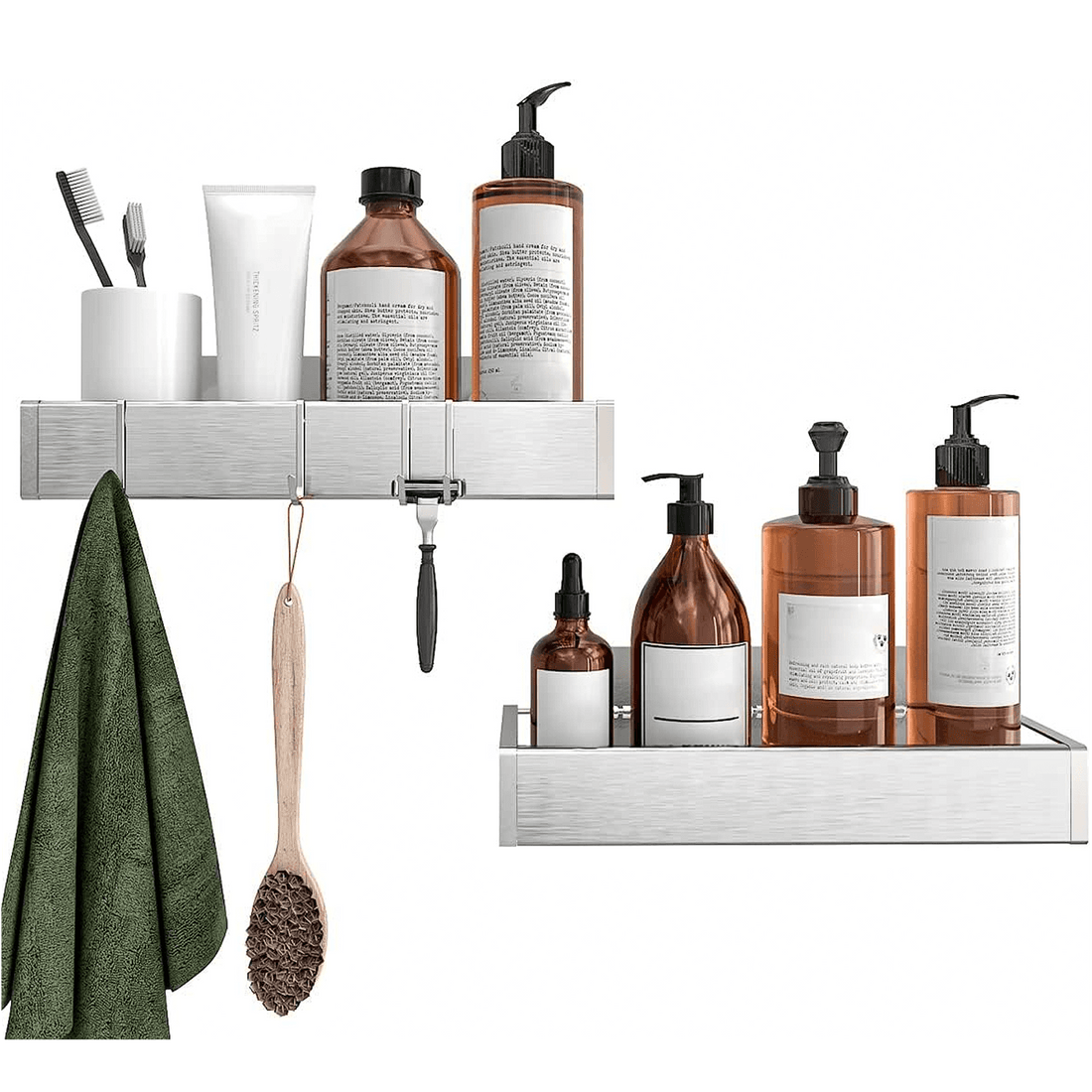 Etajeră Baie și Duș, Set 2 Rafturi din Oțel Inoxidabil, 31 x 11 x 5.5 cm, Argintiu