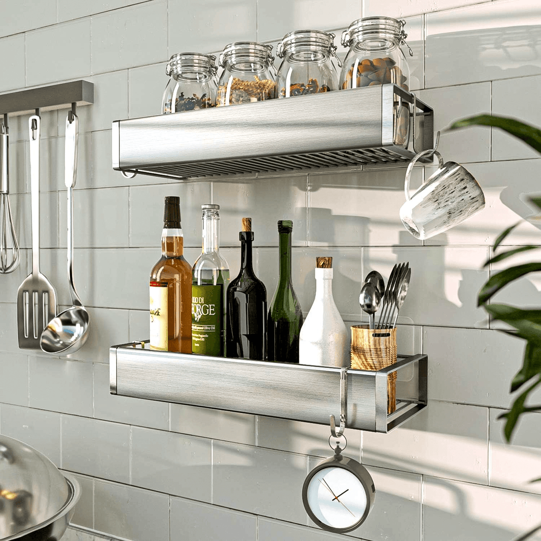 Etajeră Baie și Duș, Set 2 Rafturi din Oțel Inoxidabil, 31 x 11 x 5.5 cm, Argintiu