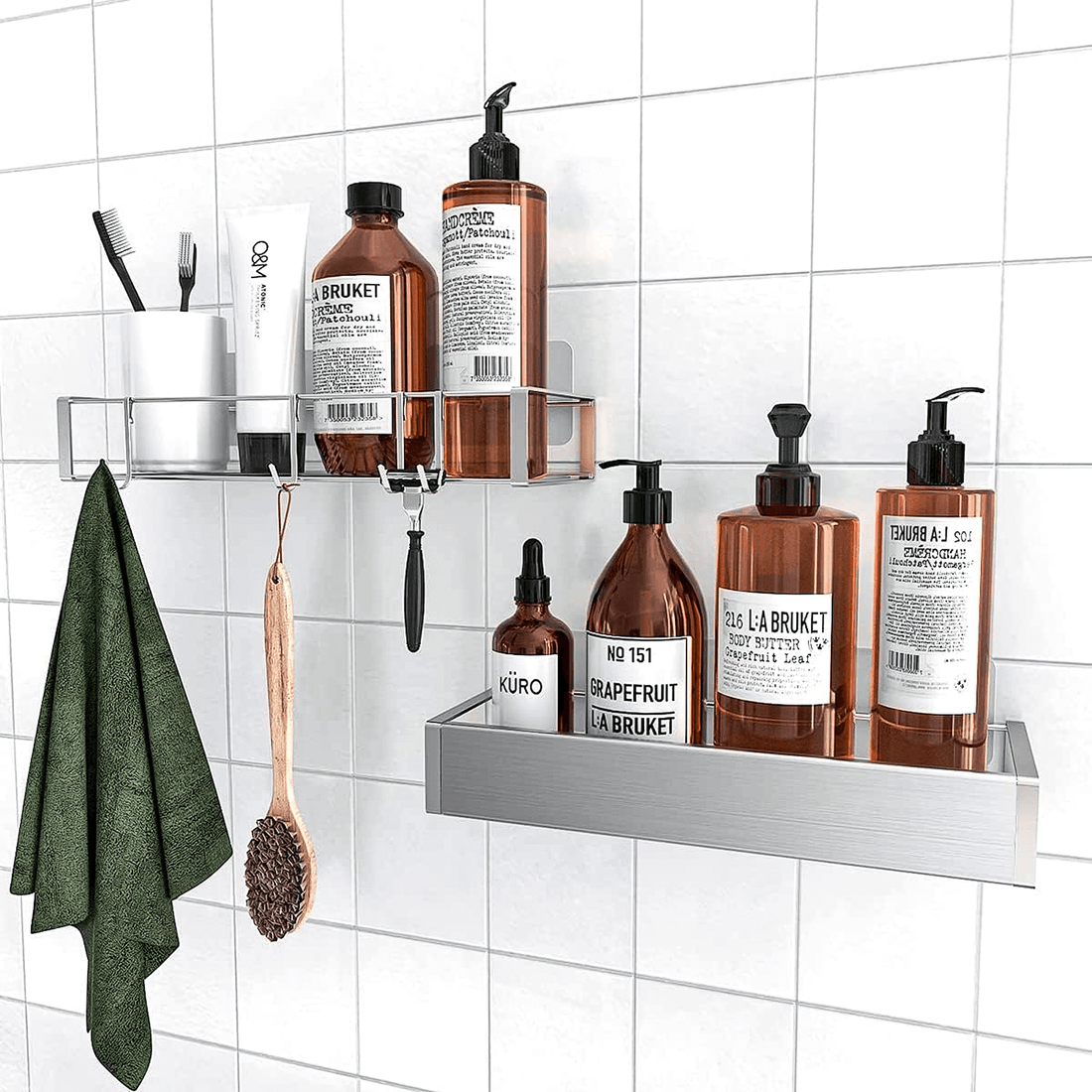 Etajeră Baie și Duș, Set 2 Rafturi din Oțel Inoxidabil, 31 x 11 x 5.5 cm, Argintiu