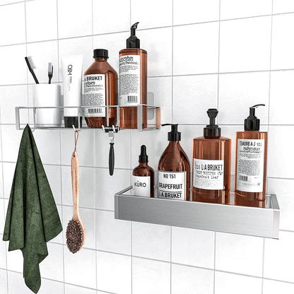 Etajeră Baie și Duș, Set 2 Rafturi din Oțel Inoxidabil, 31 x 11 x 5.5 cm, Argintiu