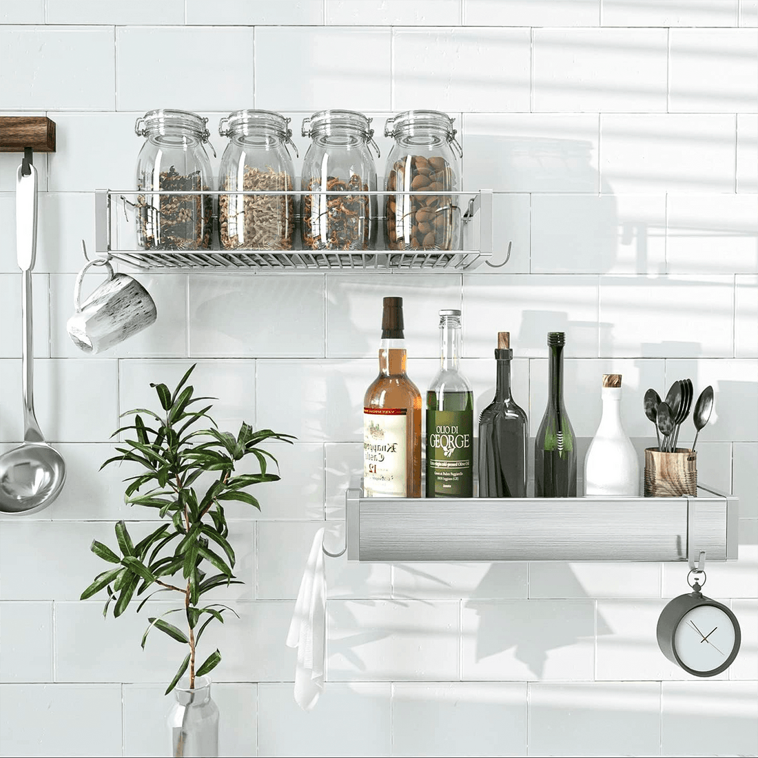 Etajeră Baie și Duș, Set 2 Rafturi din Oțel Inoxidabil, 31 x 11 x 5.5 cm, Argintiu