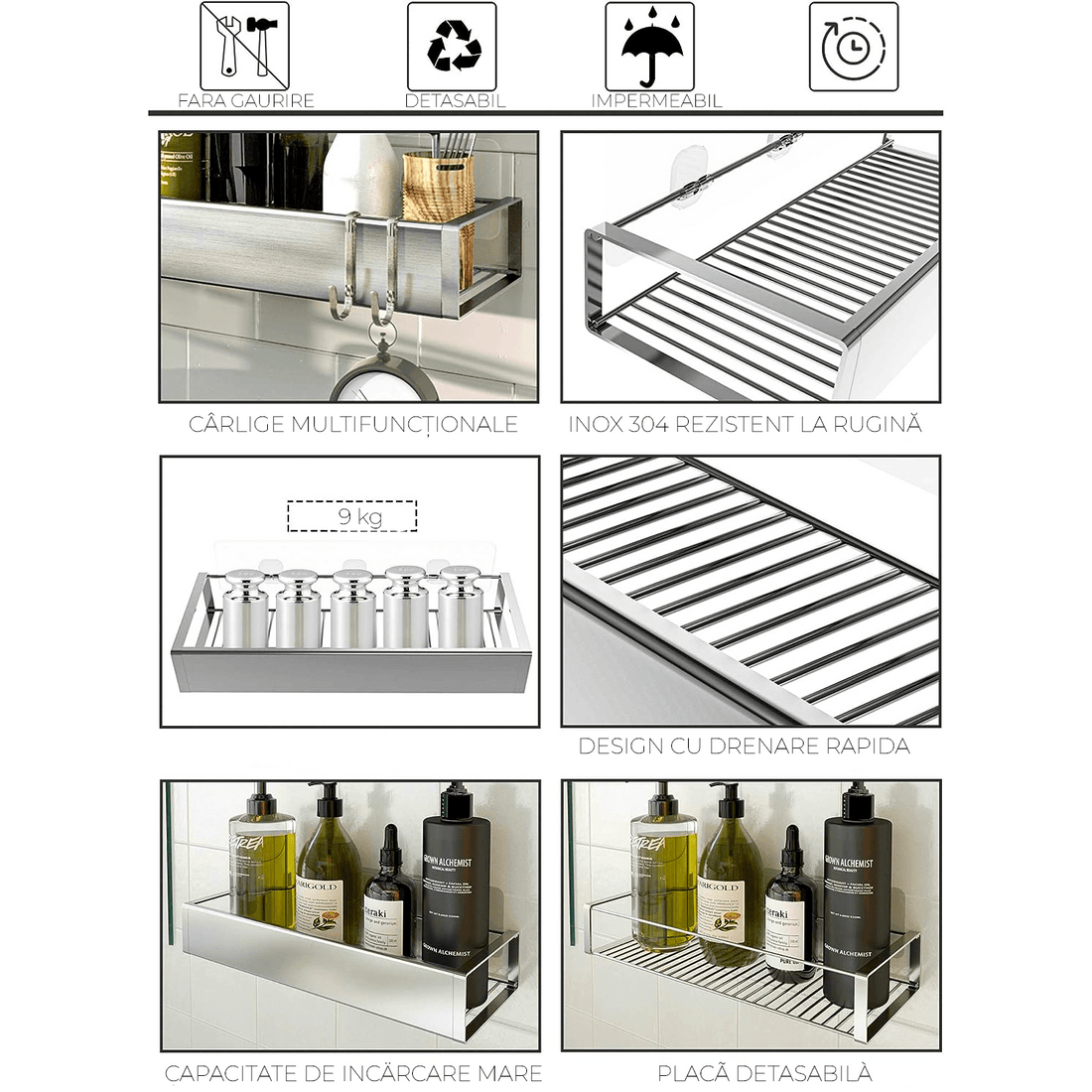 Etajeră Baie și Duș, Set 2 Rafturi din Oțel Inoxidabil, 31 x 11 x 5.5 cm, Argintiu